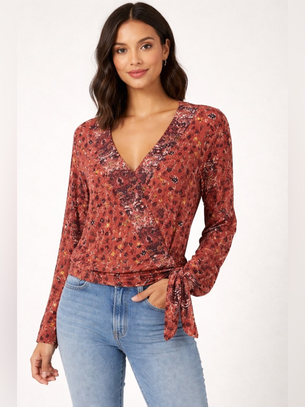 Women’s Rust Floral Wrap Top - L